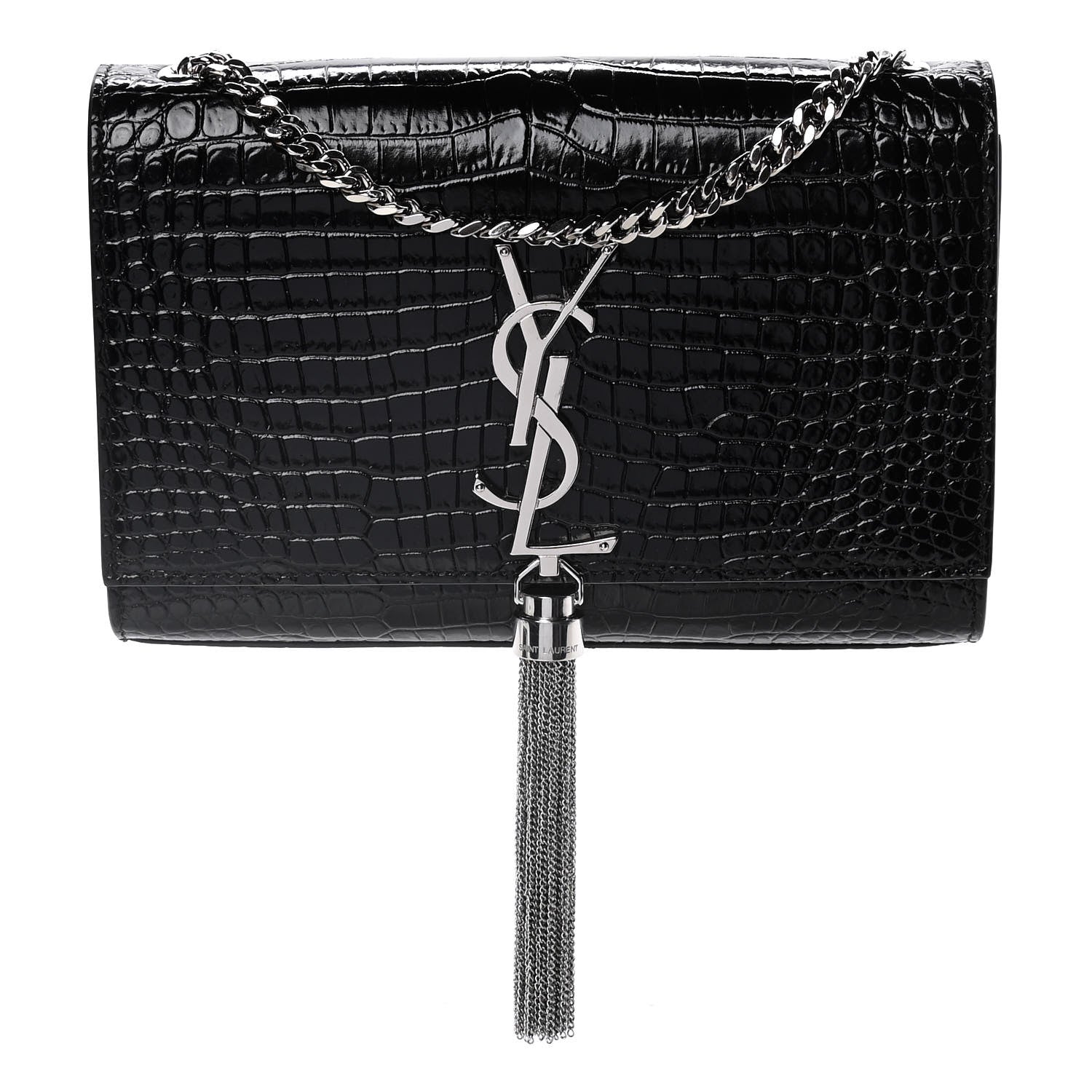 Saint Laurent Calfskin Crocodile Embossed Small Classic Monogram Kate Tassel Satchel Black 1 of 12
