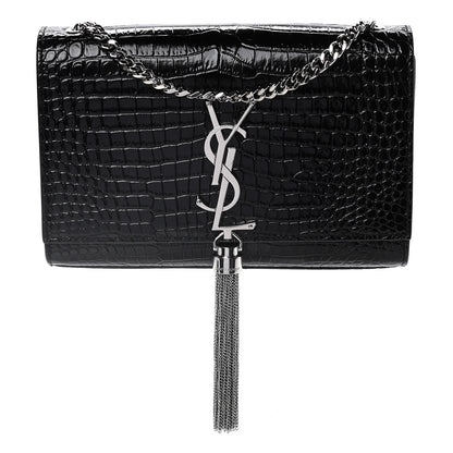 Saint Laurent Calfskin Crocodile Embossed Small Classic Monogram Kate Tassel Satchel Black 1 of 12