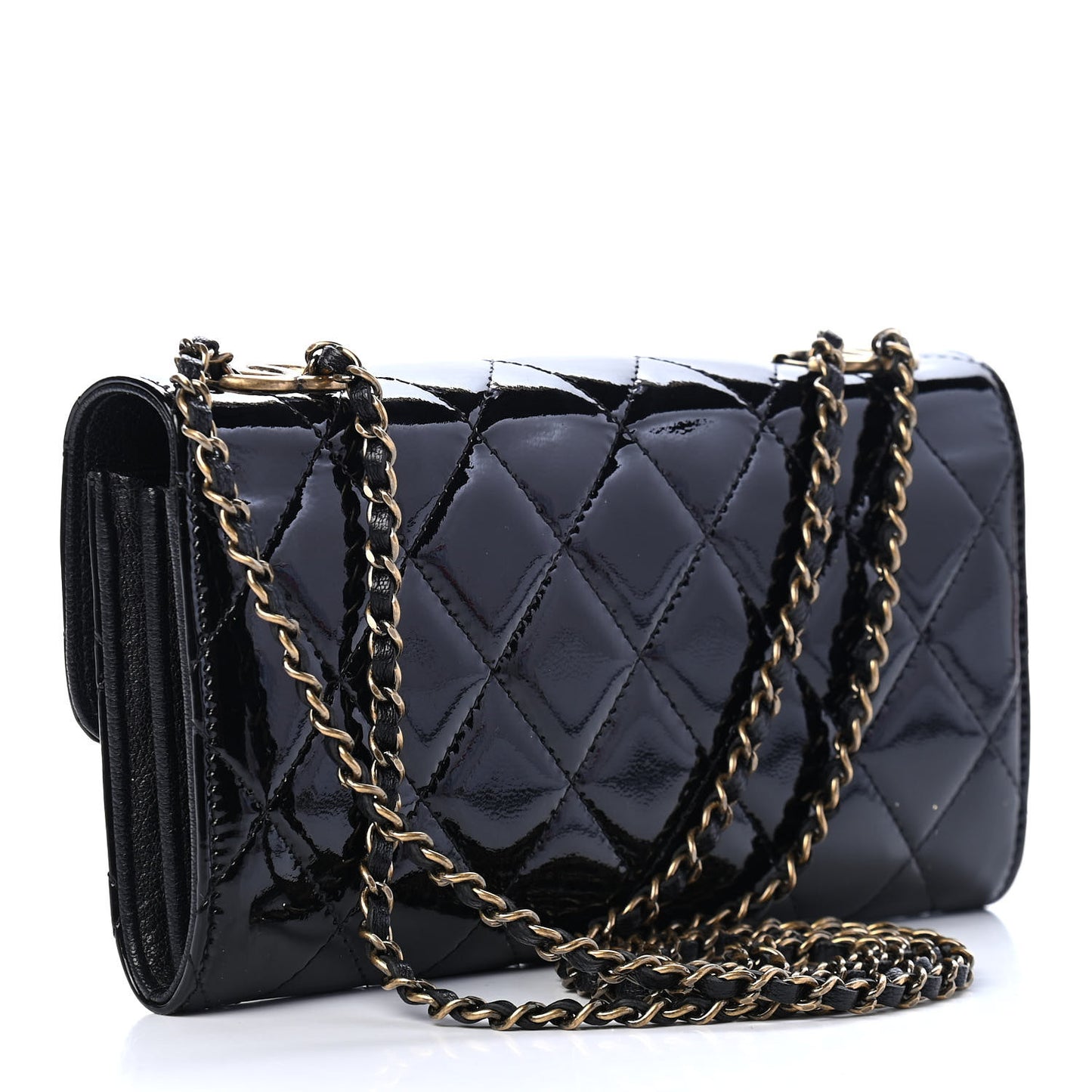 Patent Goatskin Quilted Small CC Eyelet Wallet On Chain WOC Black
