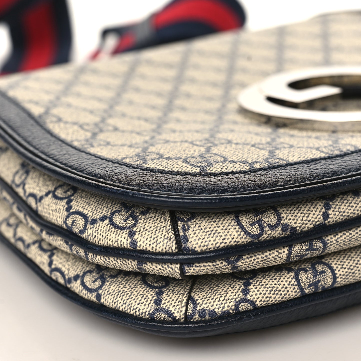 GG Supreme Monogram Textured Dollar Calfskin Web Medium Blondie Top Handle Shoulder Flap Bag Beige Blue