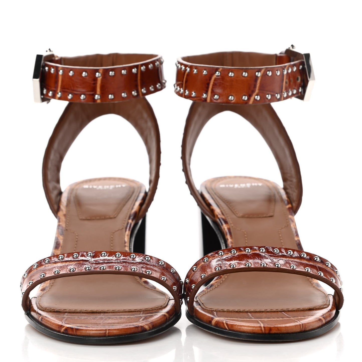 Calfskin Crocodile Embossed Studded Elegant Sandals 38 Brown