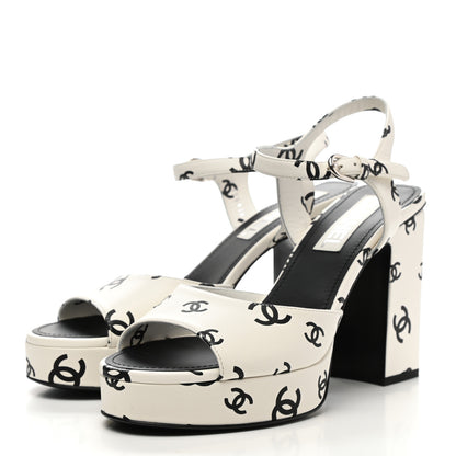 Chanel Printed Lambskin Coco Beach Platform Sandals 40 White Black 3 of 9