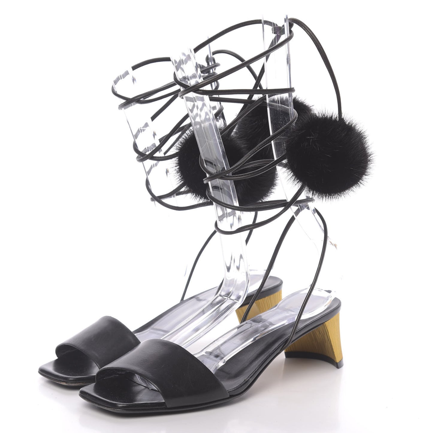 Calfskin Heloise Lace Up Pom Sandals 37 Black