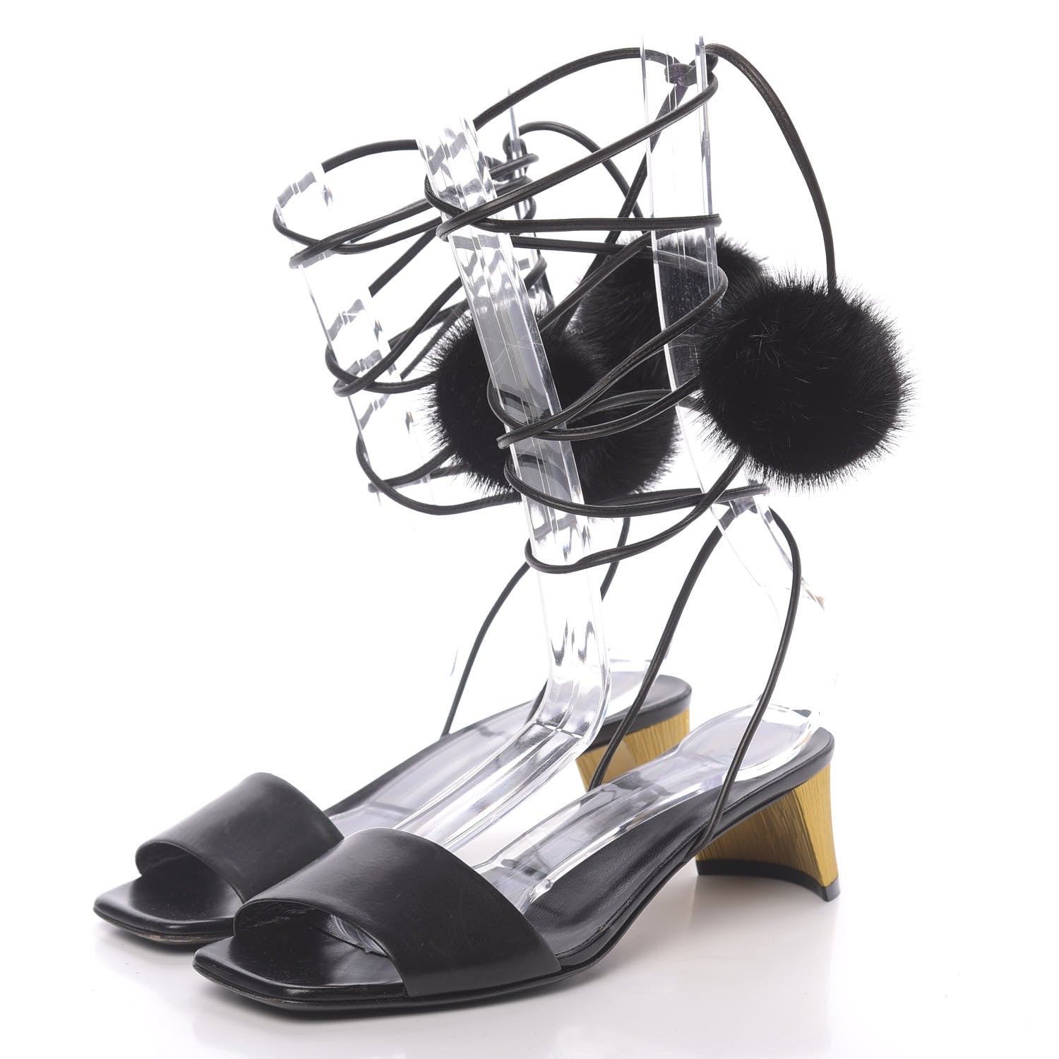 Gucci Calfskin Heloise Lace Up Pom Sandals 37 Black 3 of 8