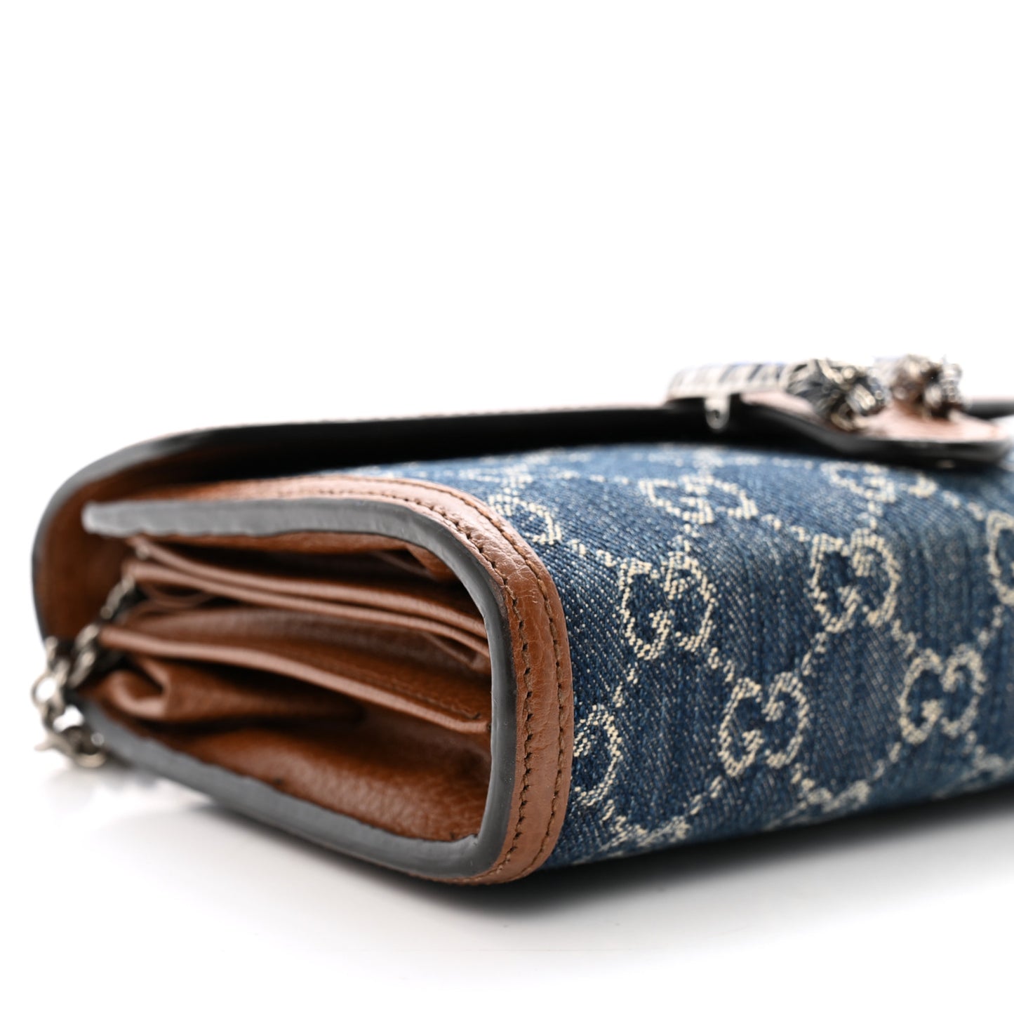 New Denim GG Monogram Dollar Calfskin Enamel Mini Dionysus Chain Wallet Blue Tea Cuir Epilog Electric Blue