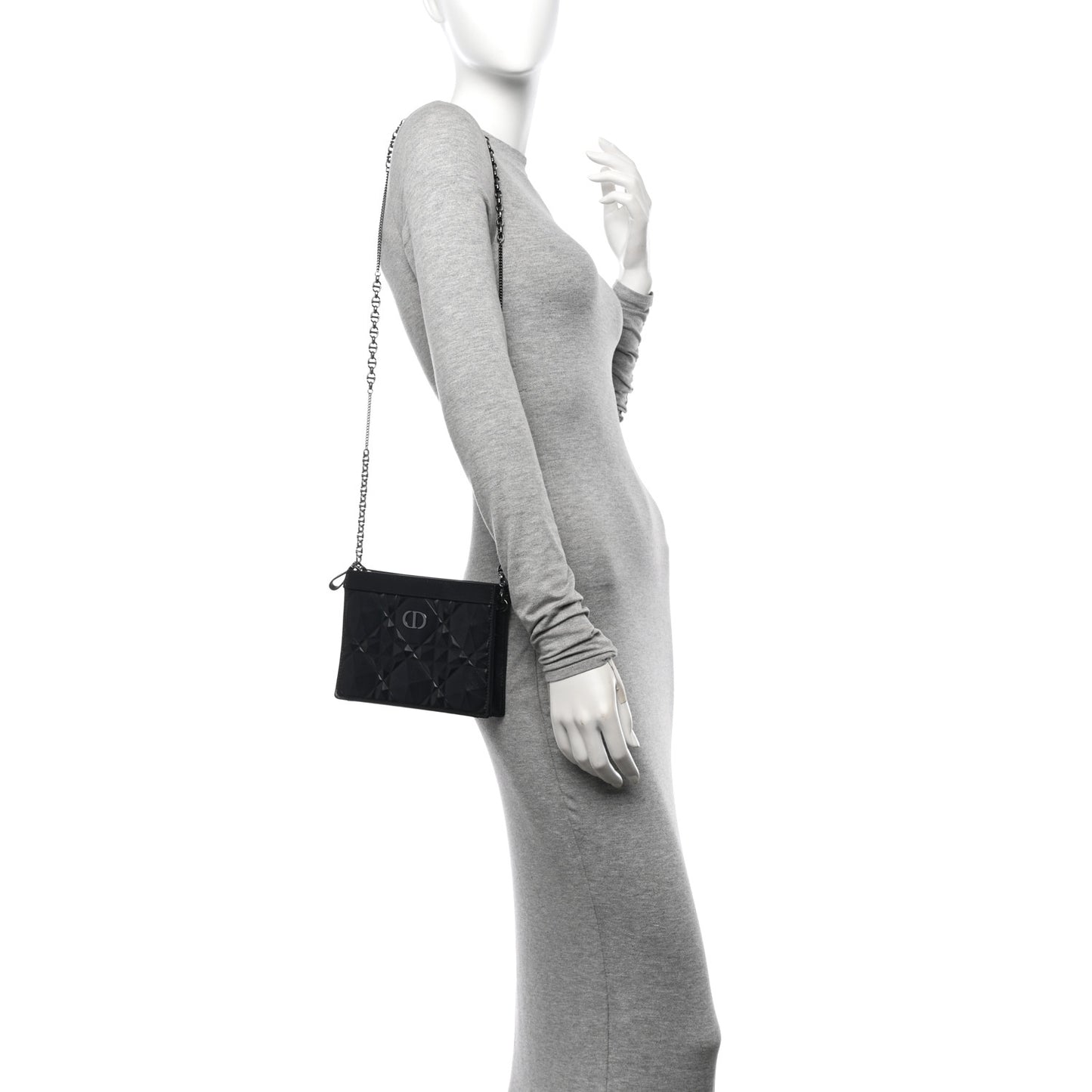 Calfskin Macrocannage Diamond Caro Zipped Pouch With Chain Black