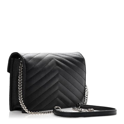 Saint Laurent Grain De Poudre Matelasse Chevron Monogram Envelope Chain Wallet Black 3 of 12