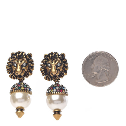 Gucci Metal Crystal Lion Earrings Aged Gold 2 of 5