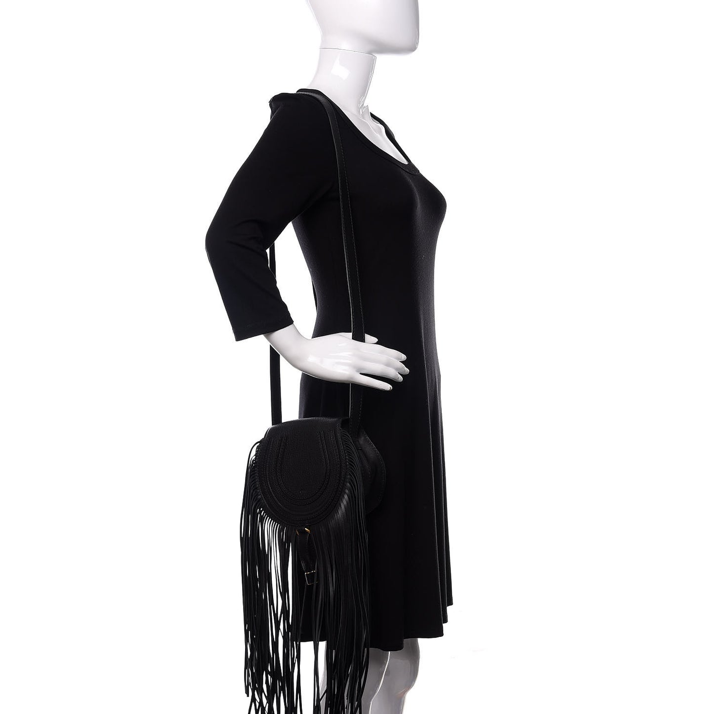 Calfskin Mini Marcie Round Fringe Crossbody Bag Black
