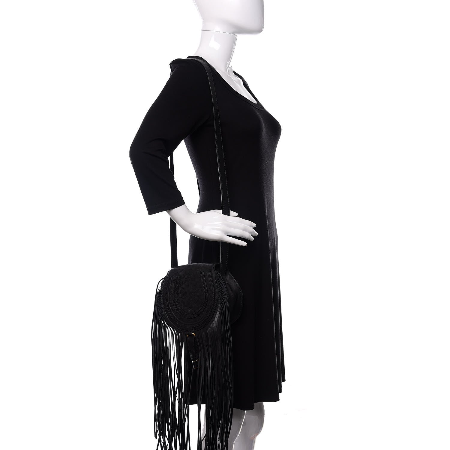 Chloe Calfskin Mini Marcie Round Fringe Crossbody Bag Black 2 of 11