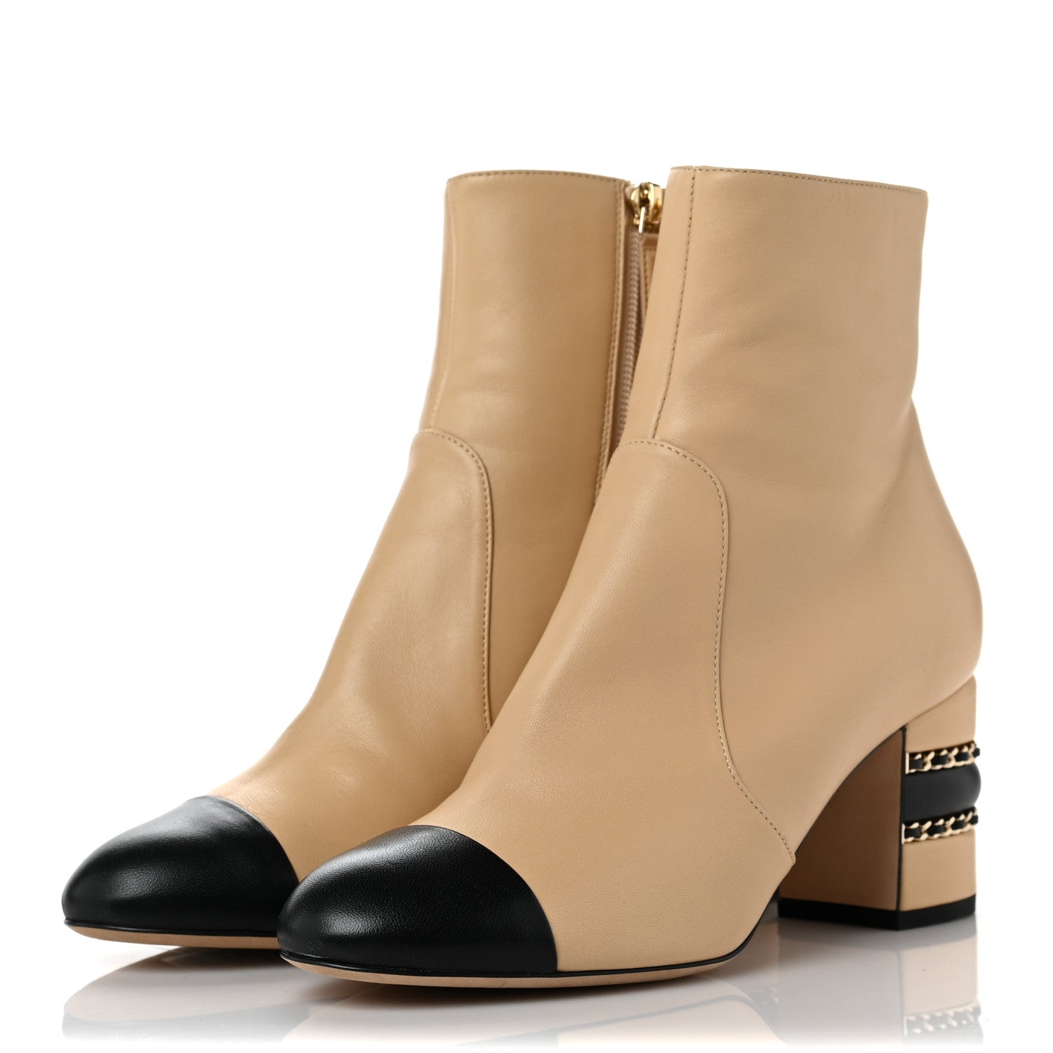 Chanel Lambskin Double Stack Chain Cap Toe Boots 38 Beige Black 3 of 9