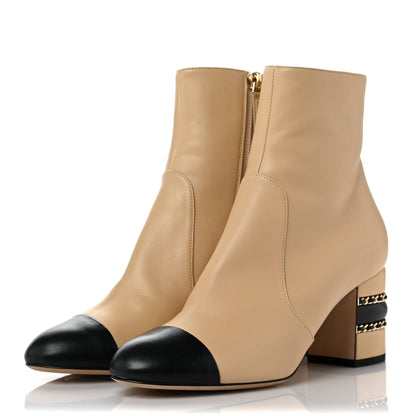 Chanel Lambskin Double Stack Chain Cap Toe Boots 38 Beige Black 3 of 9