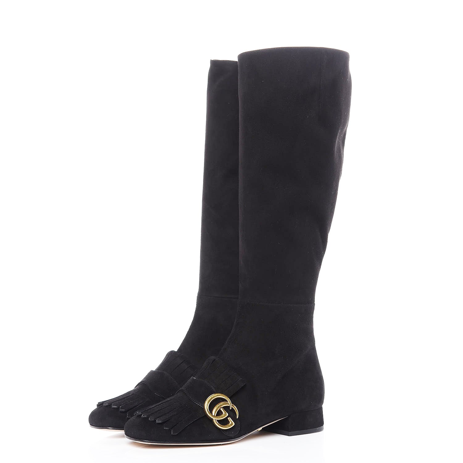 Gucci Kid Scamosciato GG Marmont Fringe Knee High Boots 35.5 Black 2 of 9