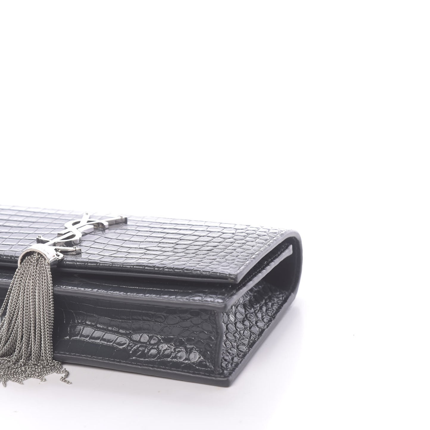 Calfskin Crocodile Embossed Kate Monogram Tassel Chain Wallet Dark Smog