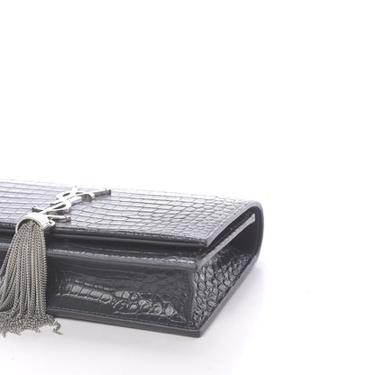 Saint Laurent Calfskin Crocodile Embossed Kate Monogram Tassel Chain Wallet Dark Smog 8 of 10