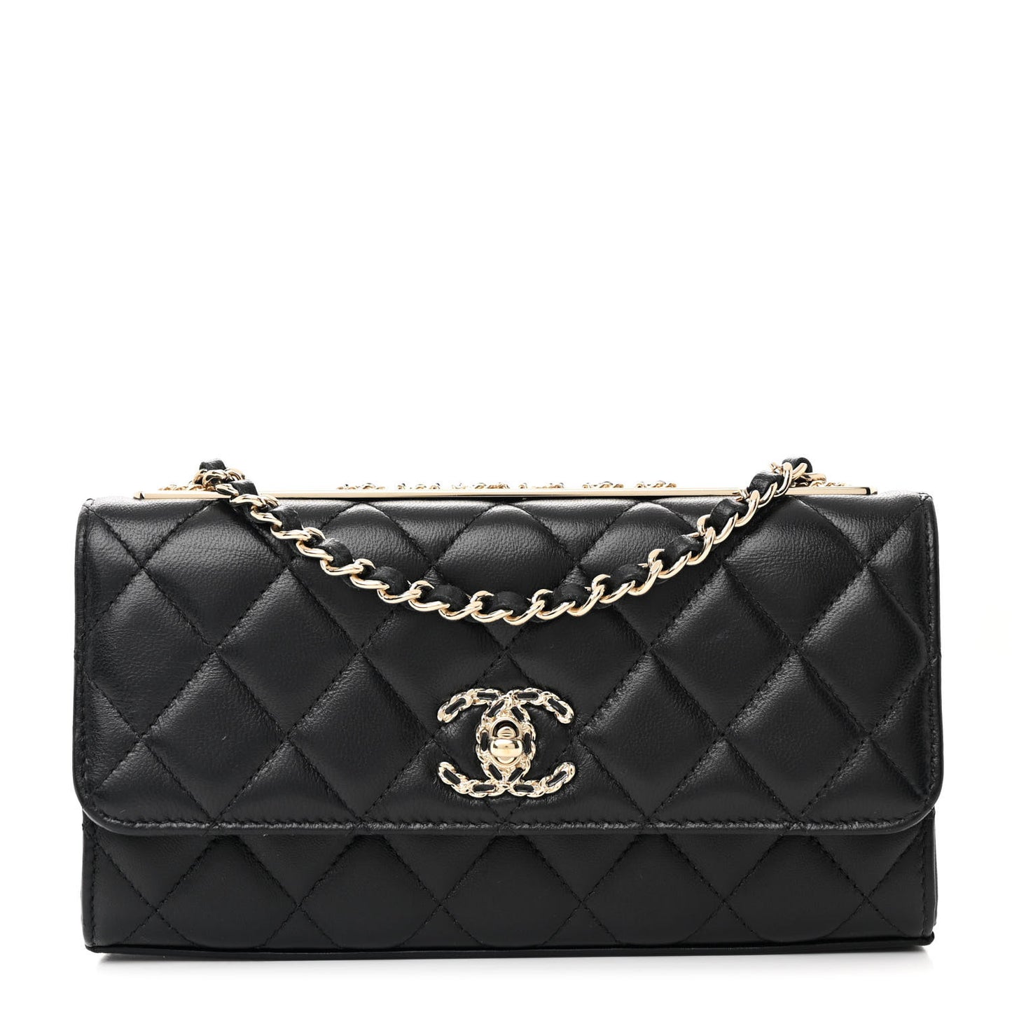 Lambskin Quilted Trendy CC Flap Phone Holder With Chain Black