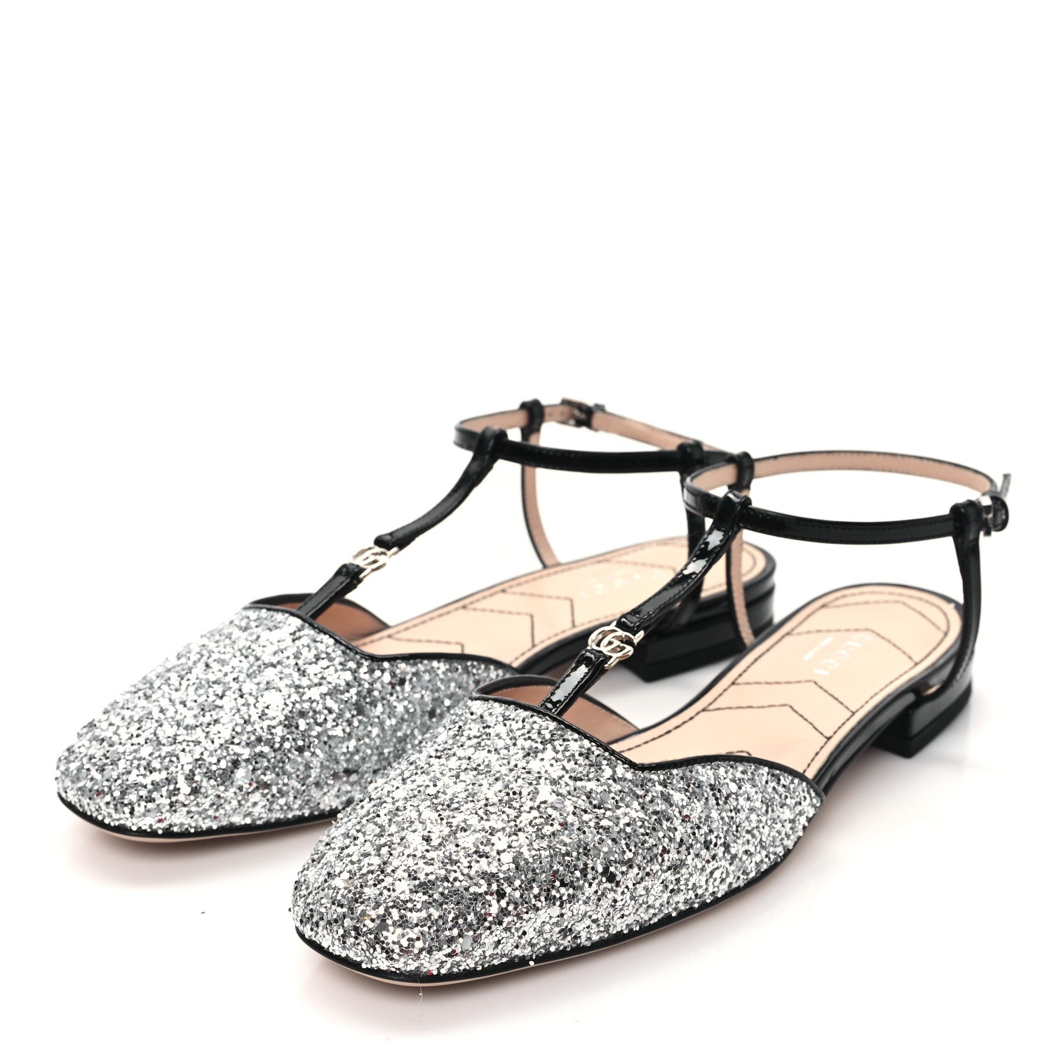 Gucci Calfskin Glitter Double G Slingback Flats 36 Silver Black 3 of 8