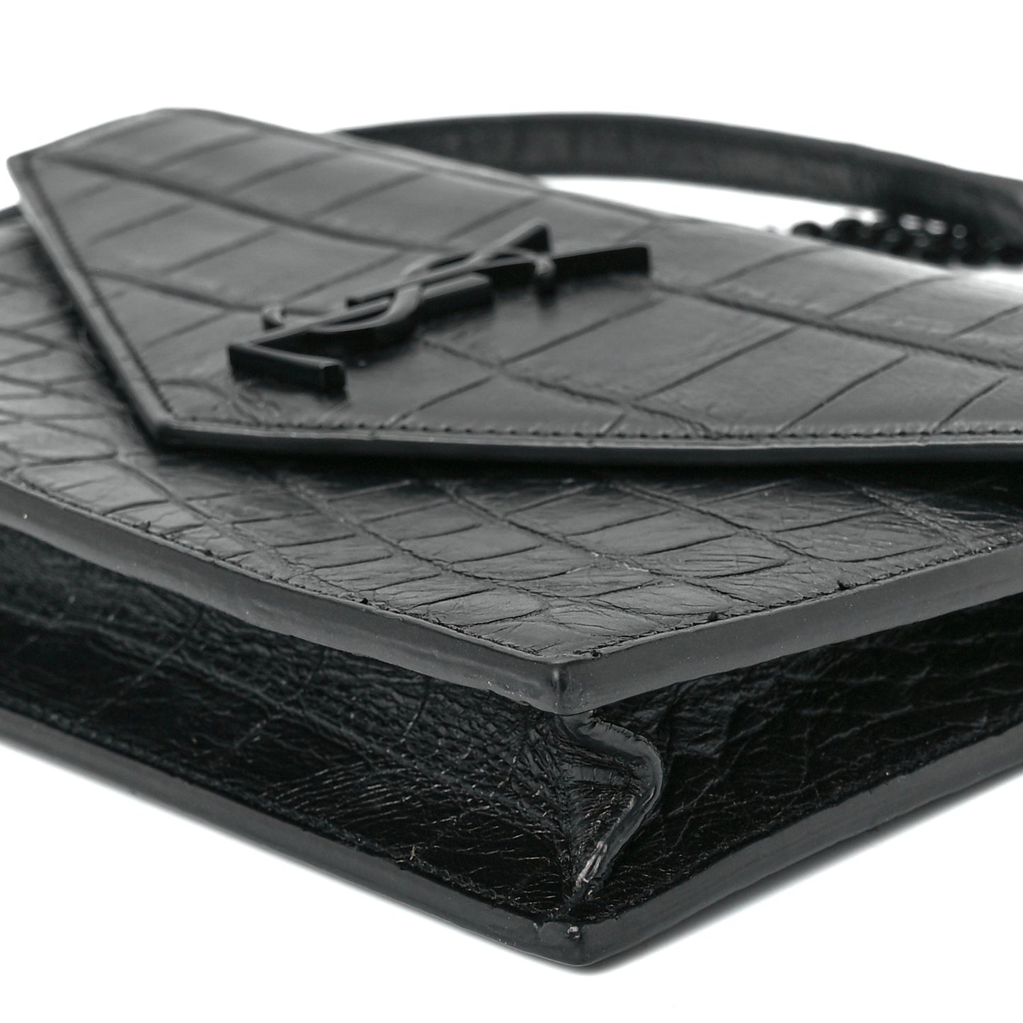 Calfskin Crocodile Embossed Monogram Envelope Chain Wallet Black