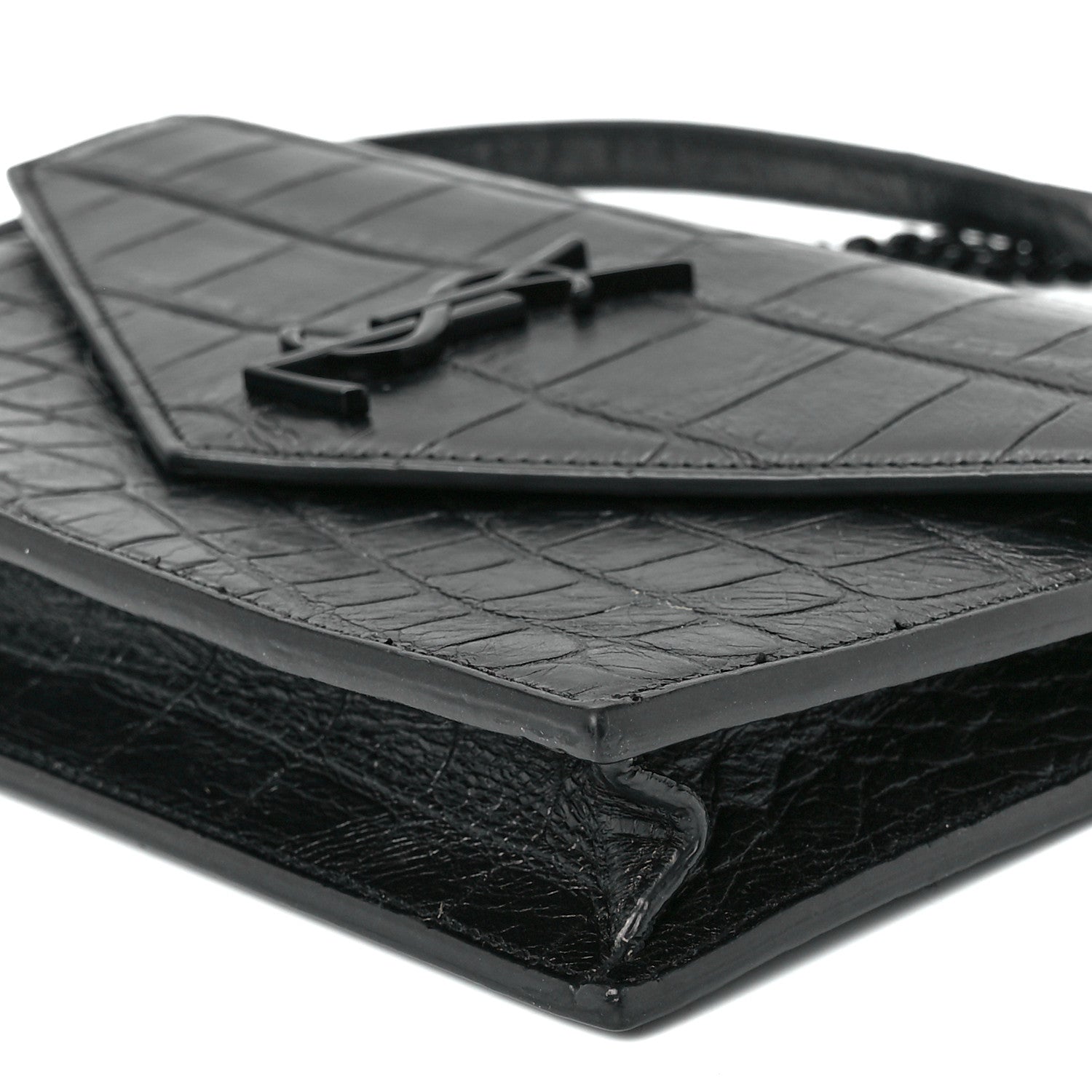 Saint Laurent Calfskin Crocodile Embossed Monogram Envelope Chain Wallet Black 10 of 12