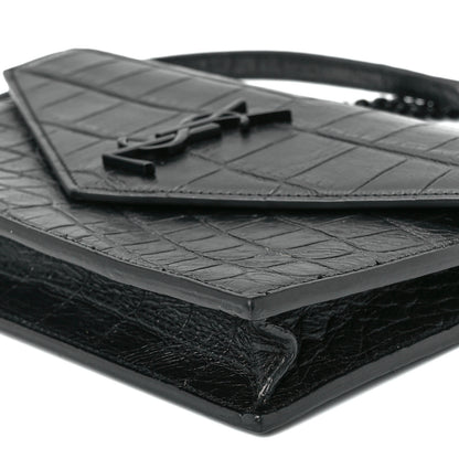 Saint Laurent Calfskin Crocodile Embossed Monogram Envelope Chain Wallet Black 10 of 12
