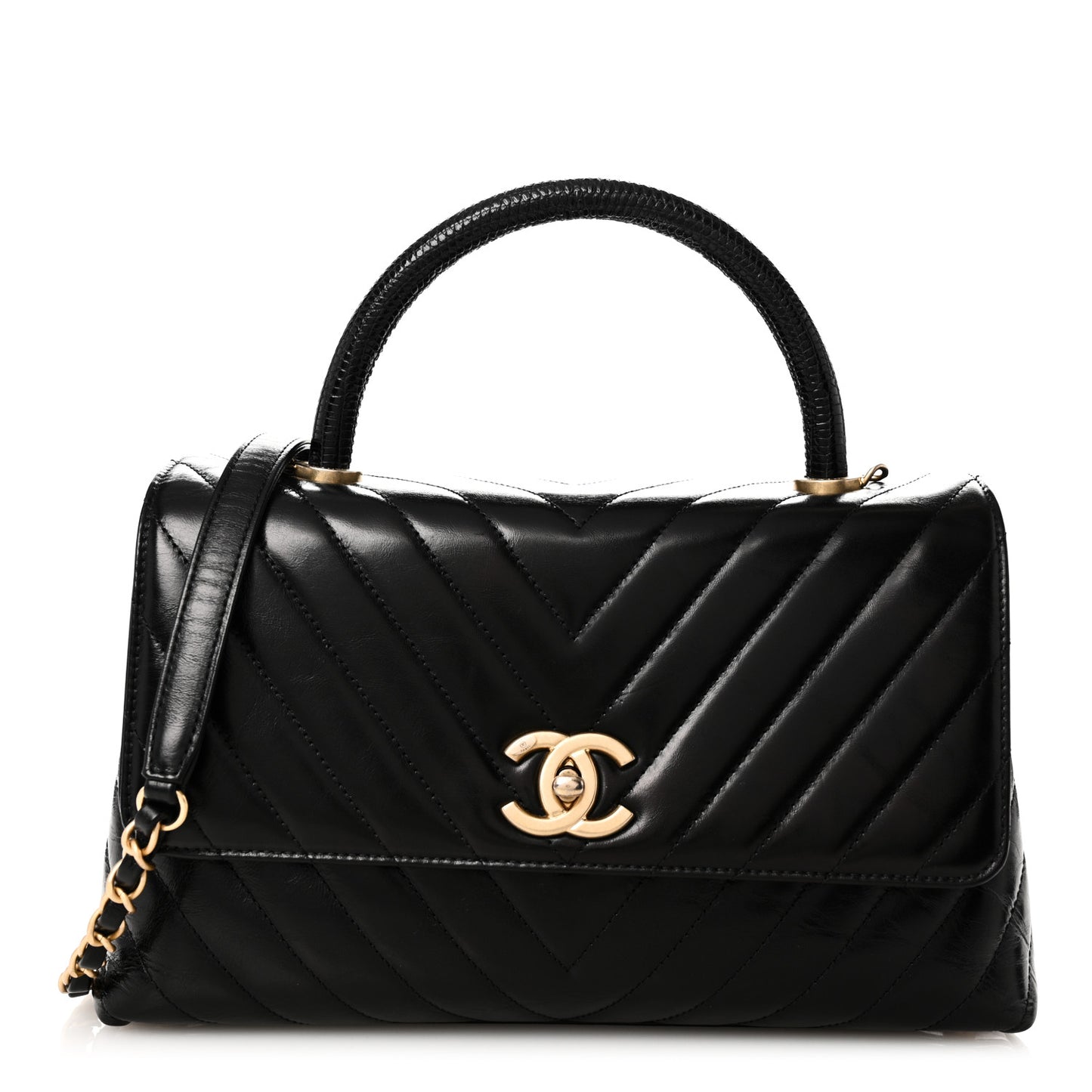 Calfskin Lizard Chevron Quilted Small Coco Handle Flap Black