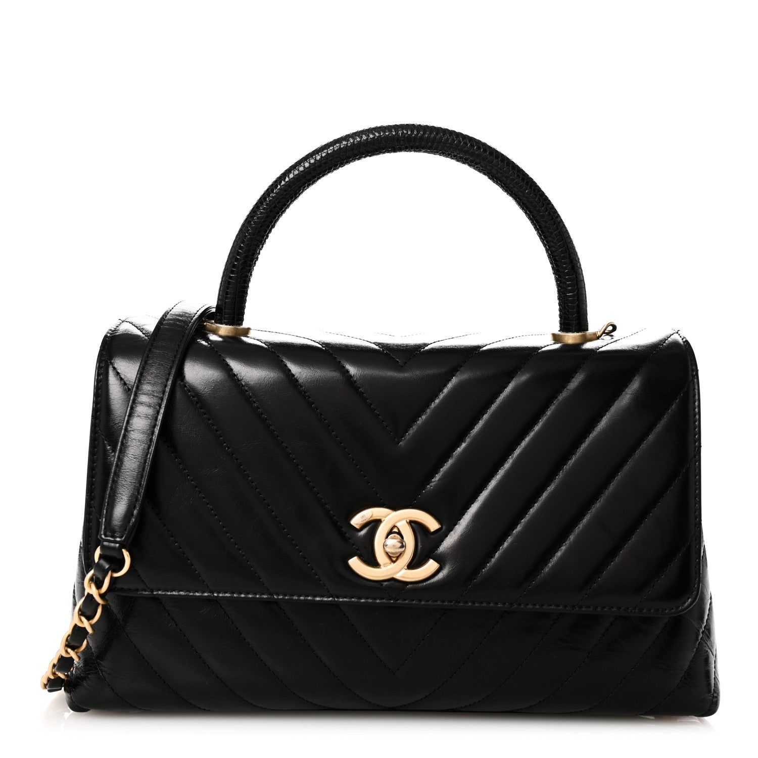 Chanel Calfskin Lizard Chevron Quilted Small Coco Handle Flap Black 1 of 10