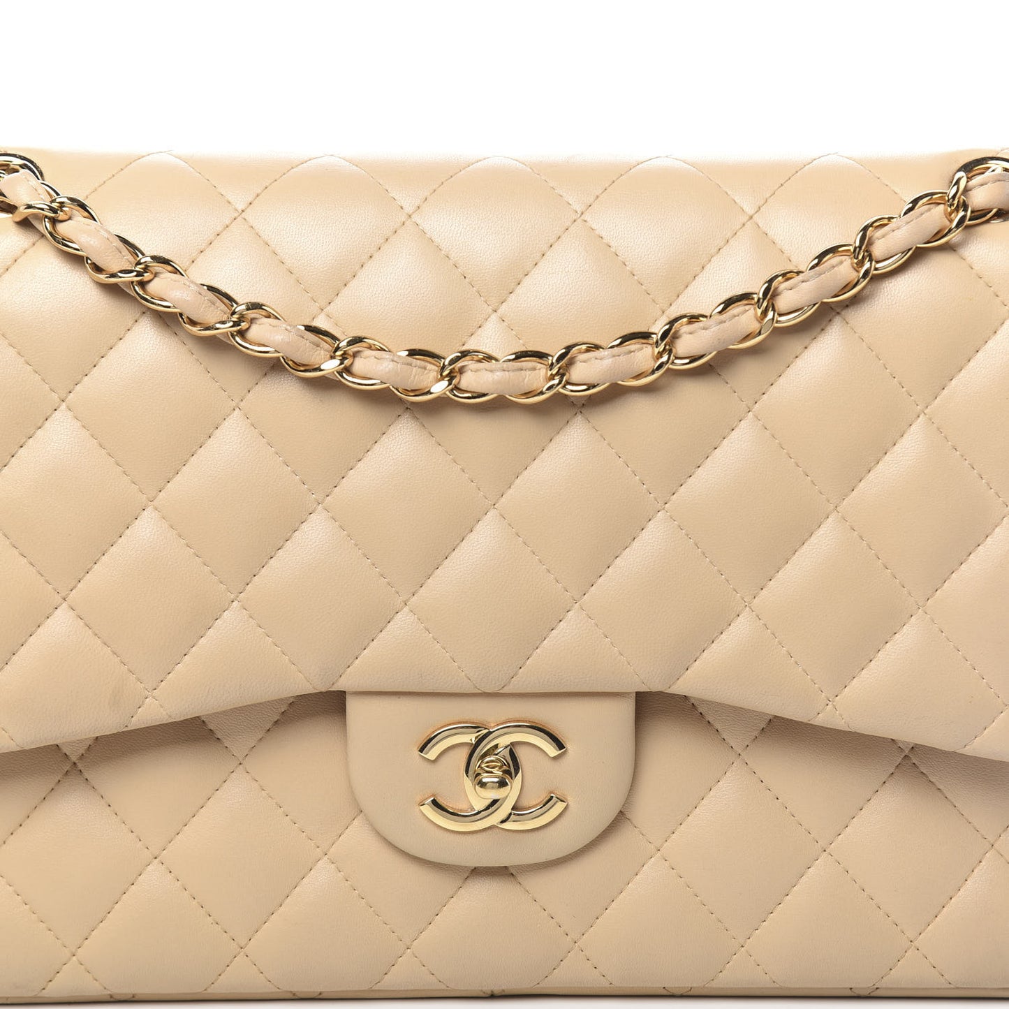Lambskin Quilted Jumbo Double Flap Beige