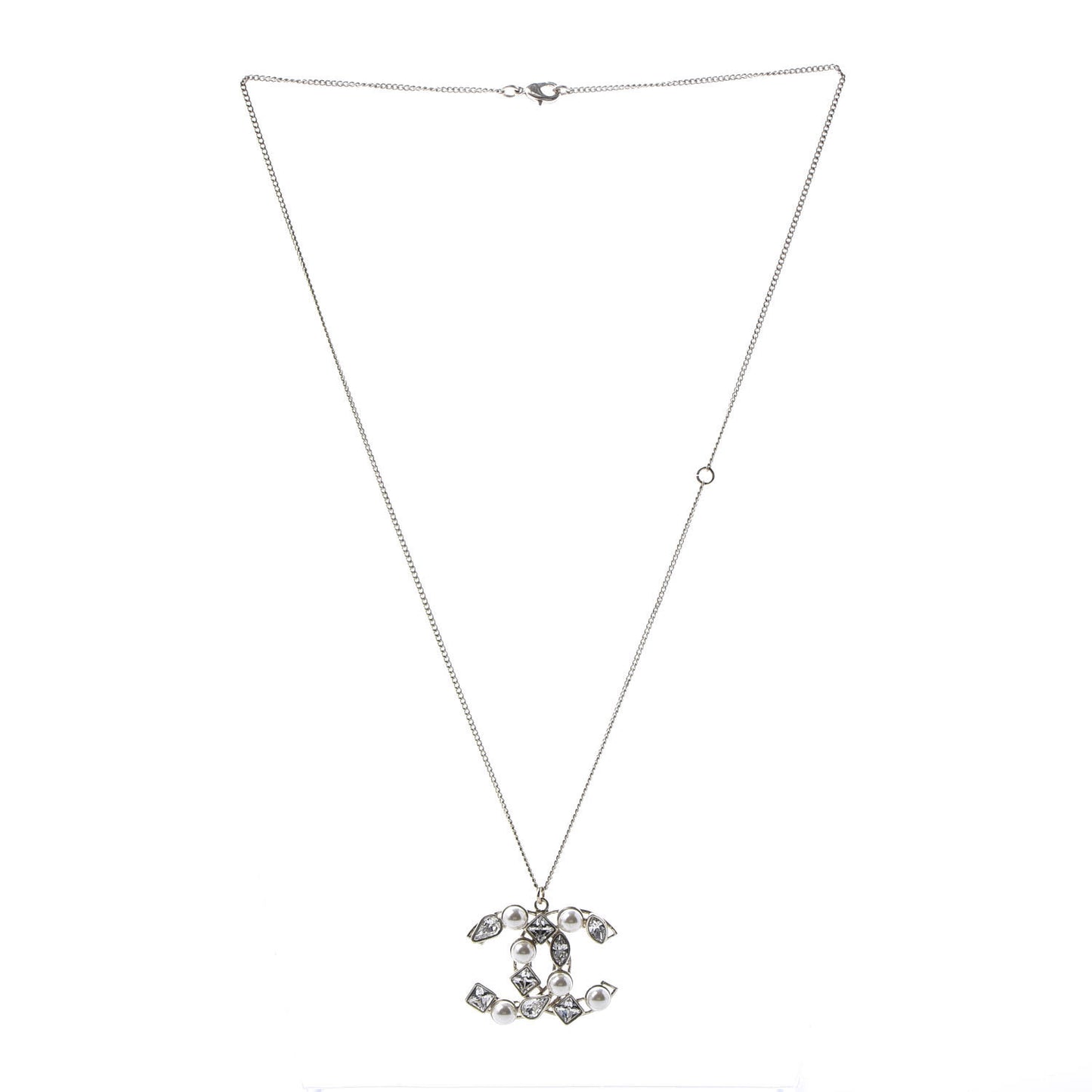 Pearl Crystal Baguette CC Pendant Necklace Gold