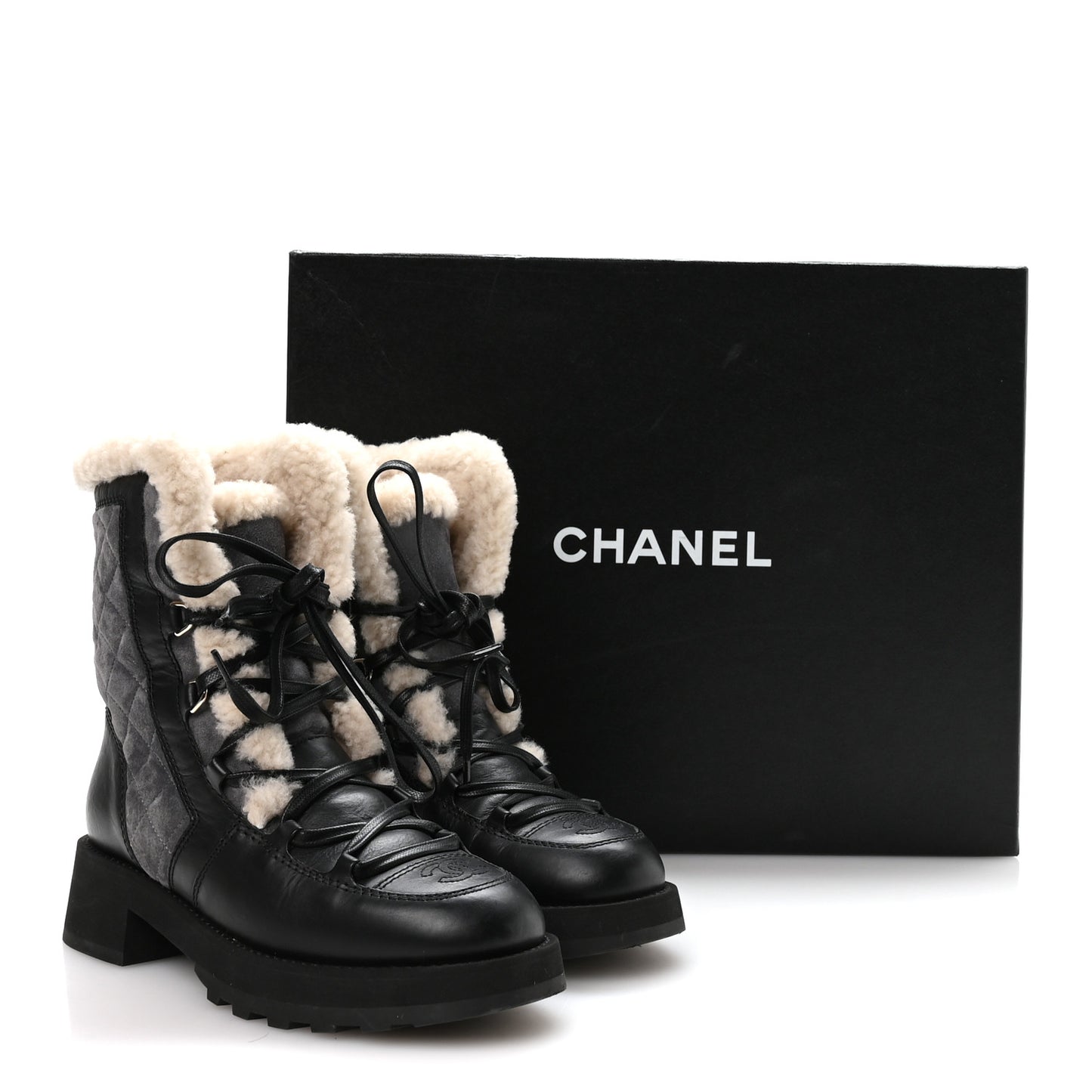 Calfskin Suede Shearling Lace Up Boots 37 Black Grey Light Beige
