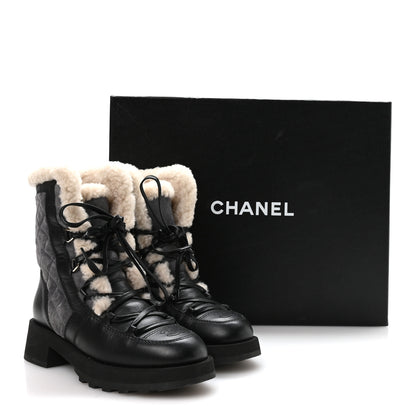 Chanel Calfskin Suede Shearling Lace Up Boots 37 Black Grey Light Beige 8 of 8