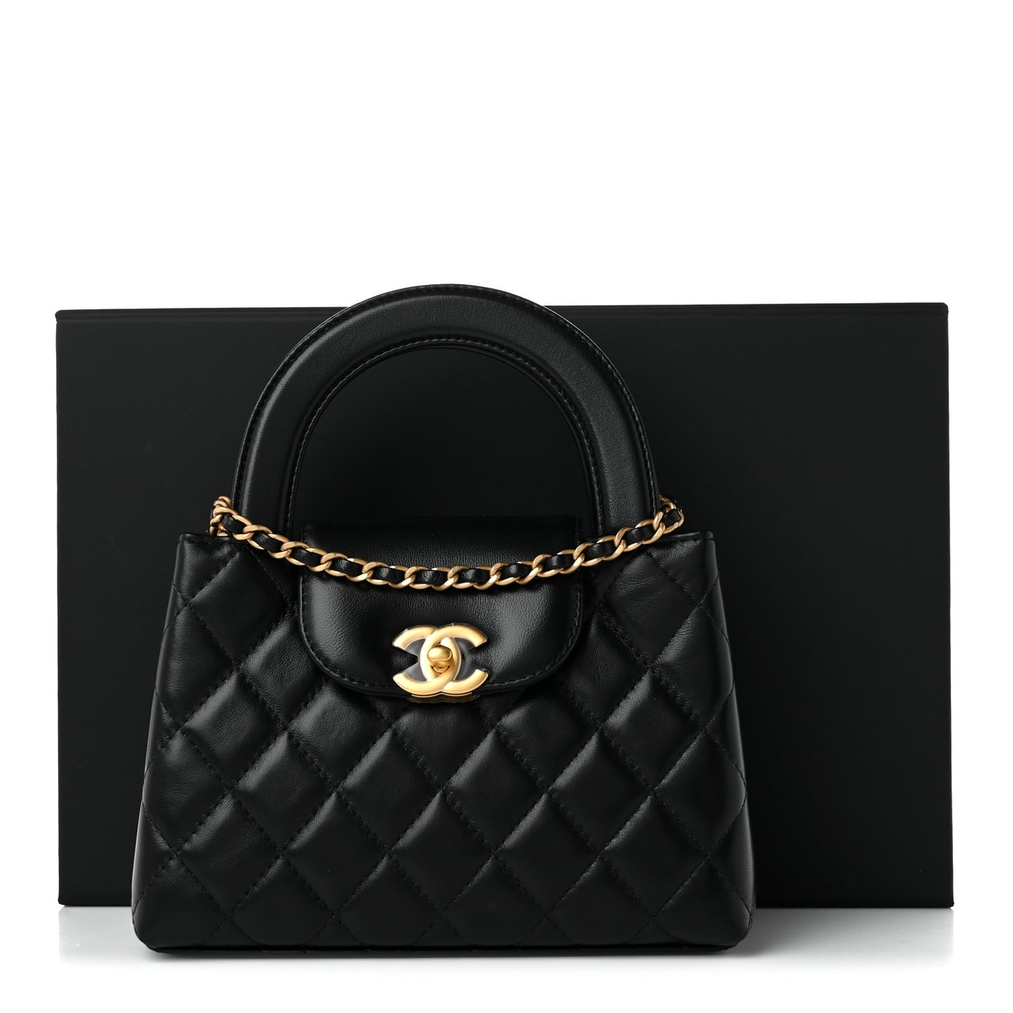 Shiny Aged Calfskin Quilted Nano Kelly Shopper Black