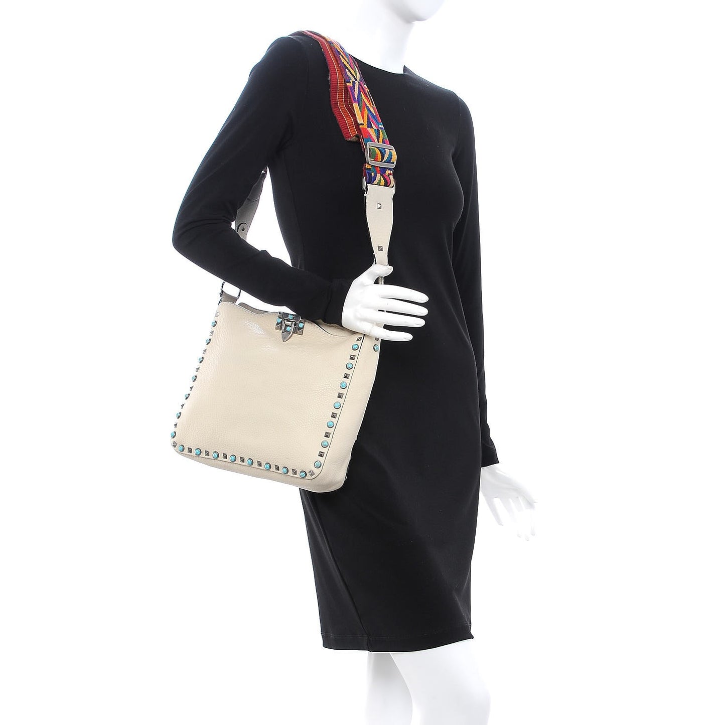 Pebbled Calfskin Tribal Small Guitar Strap Rockstud Rolling Flip-Lock Messenger Bag Ivory