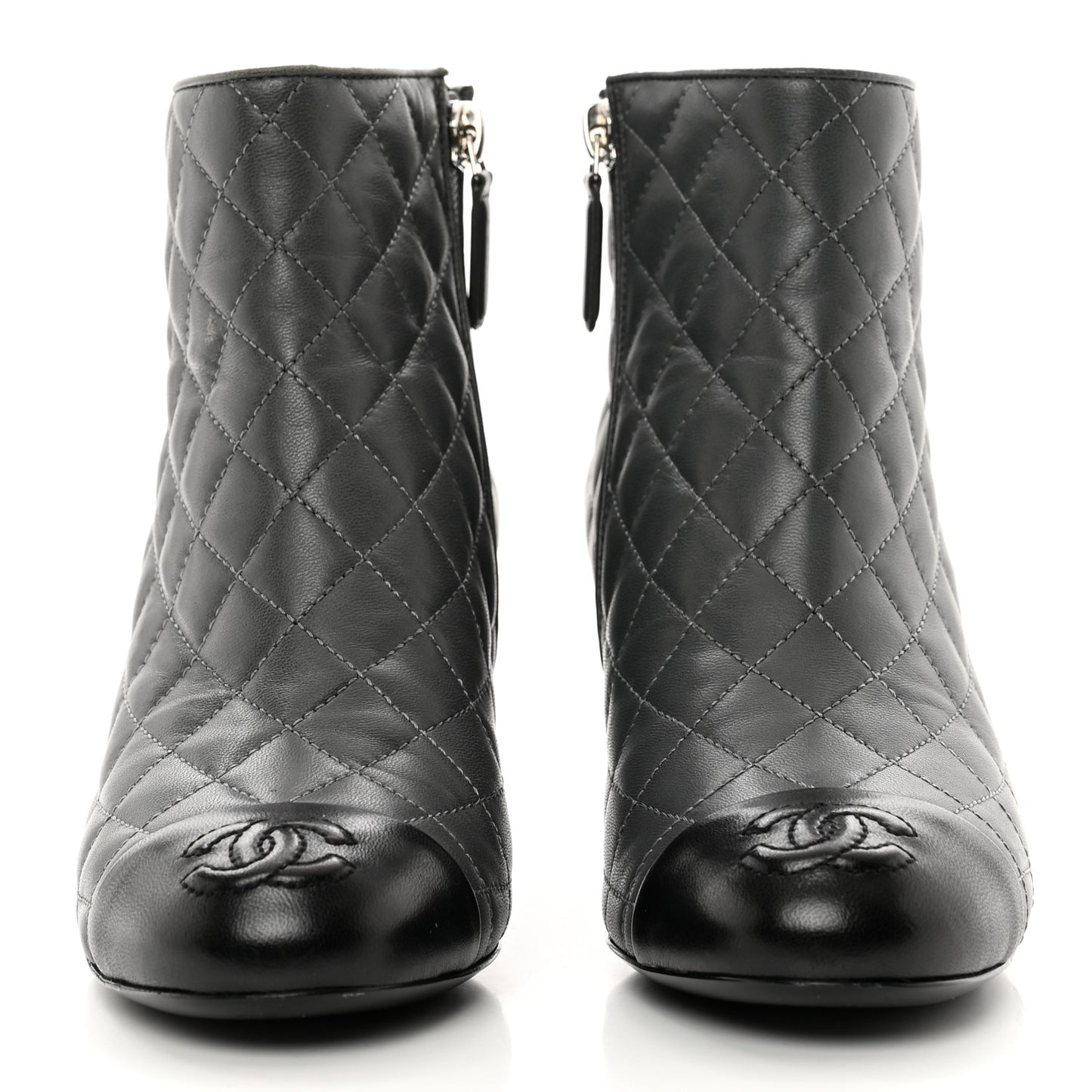 Lambskin Quilted Patent Cap Toe CC Booties 35 Charcoal Black