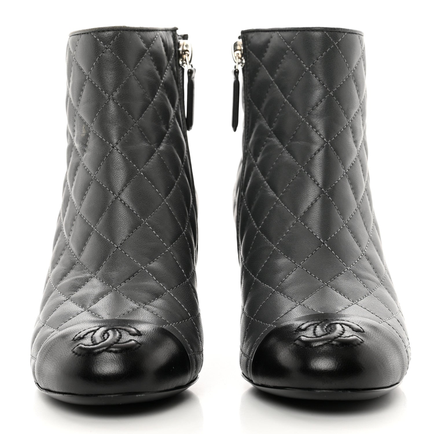 Chanel Lambskin Quilted Patent Cap Toe CC Booties 35 Charcoal Black 2 of 10