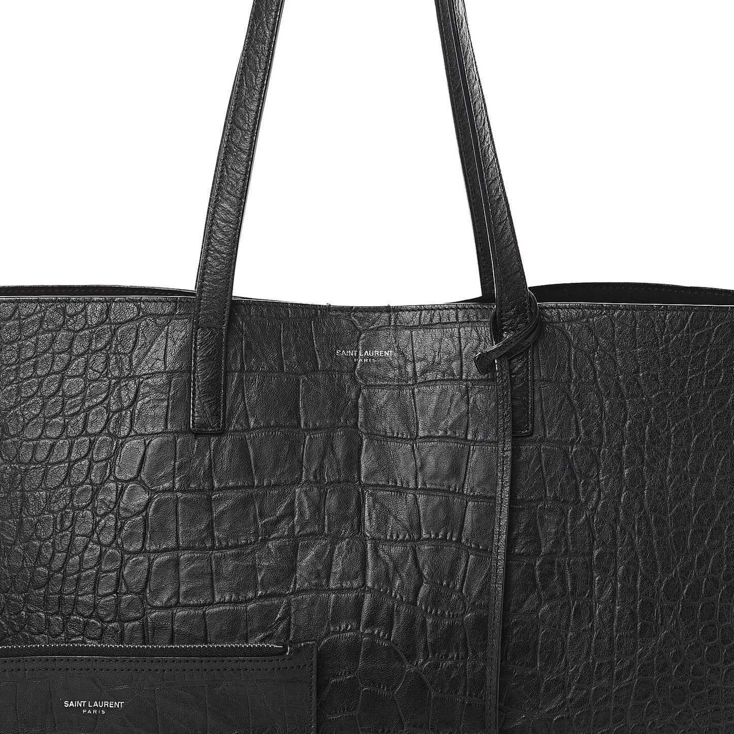 Calfskin Crocodile Embossed Large Shopper Tote Black