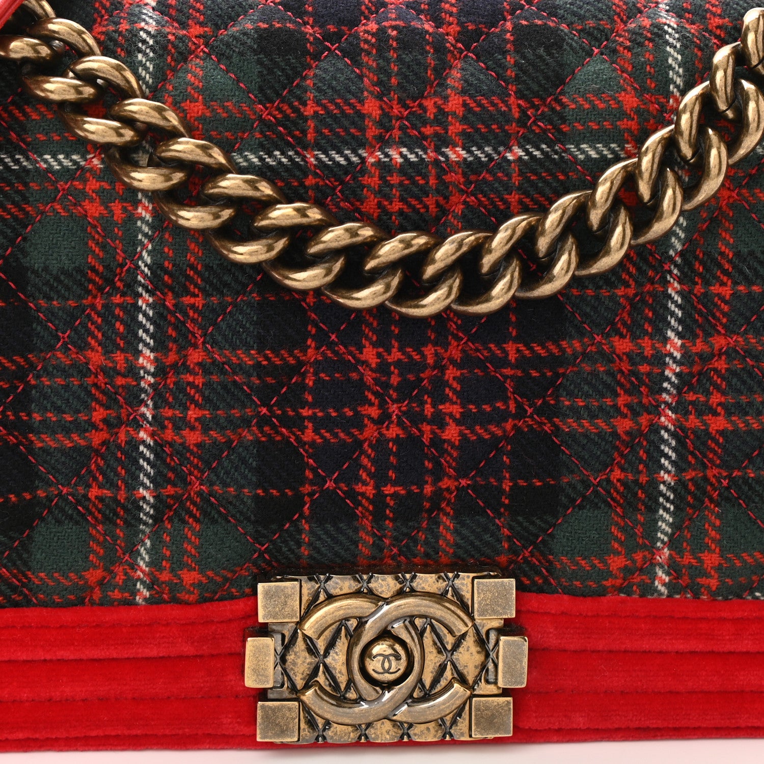 Chanel Velvet Plaid Tartan Quilted Medium Boy Flap Red 8 of 11