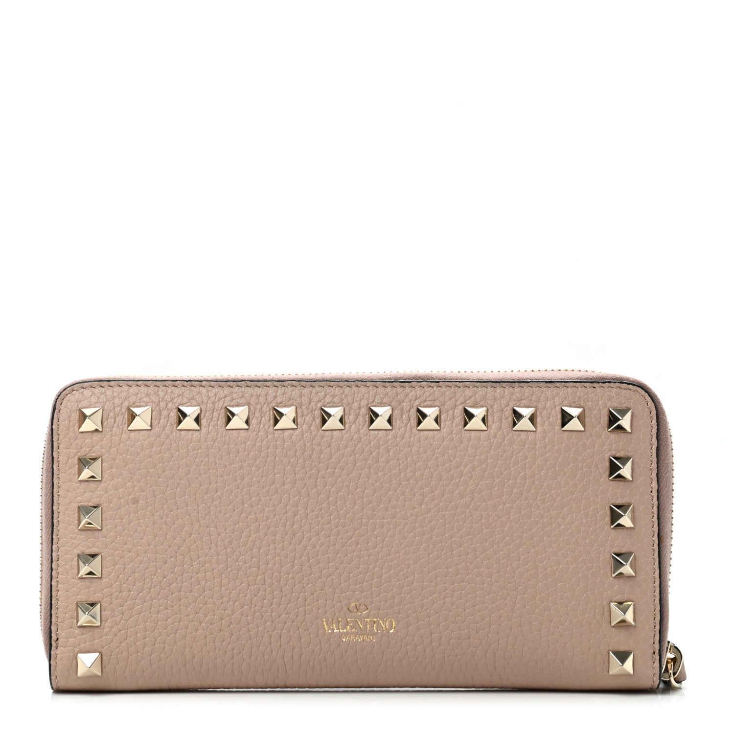 Valentino Garavani Pebbled Calfskin Rockstud Zip Around Wallet Poudre 1 of 9