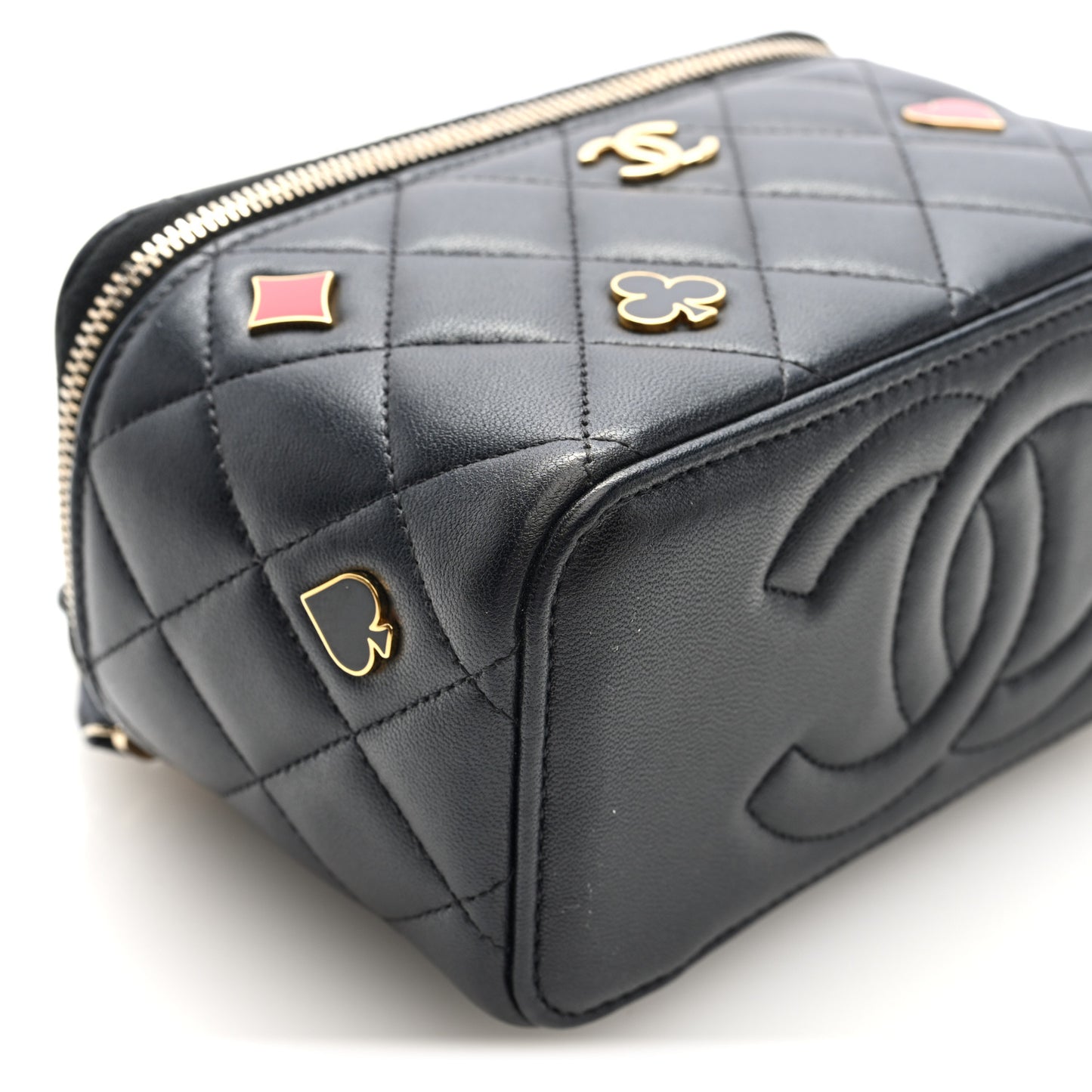 Lambskin Quilted Enamel Coco Casino Small Vanity Case With Chain Black