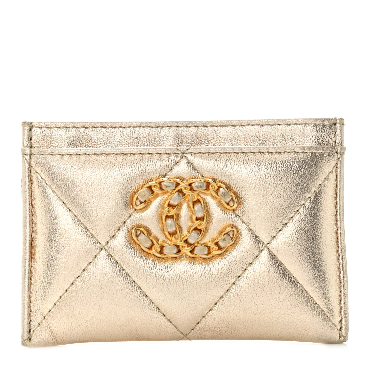 Metallic Lambskin Quilted Chanel 19 Card Holder Gold
