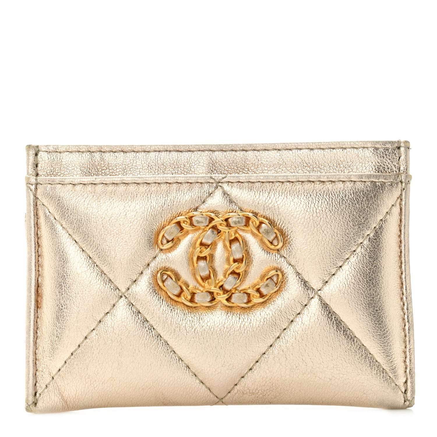 Chanel Metallic Lambskin Quilted Chanel 19 Card Holder Gold 1 of 10