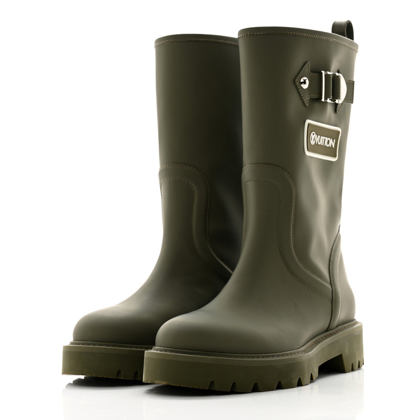 Rubber Calfskin Territory Flat Boots 36 Khaki