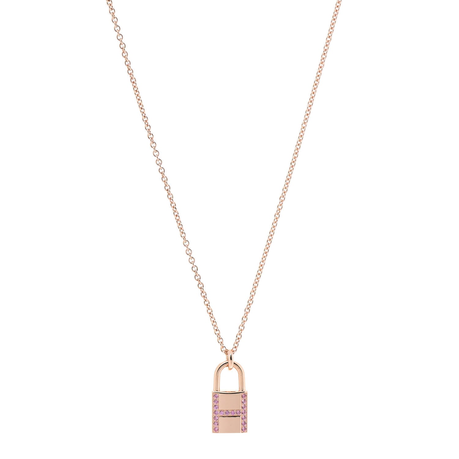 Hermes 18K Rose Gold Pink Sapphire Amulettes Cadenas Pendant Necklace 1 of 4