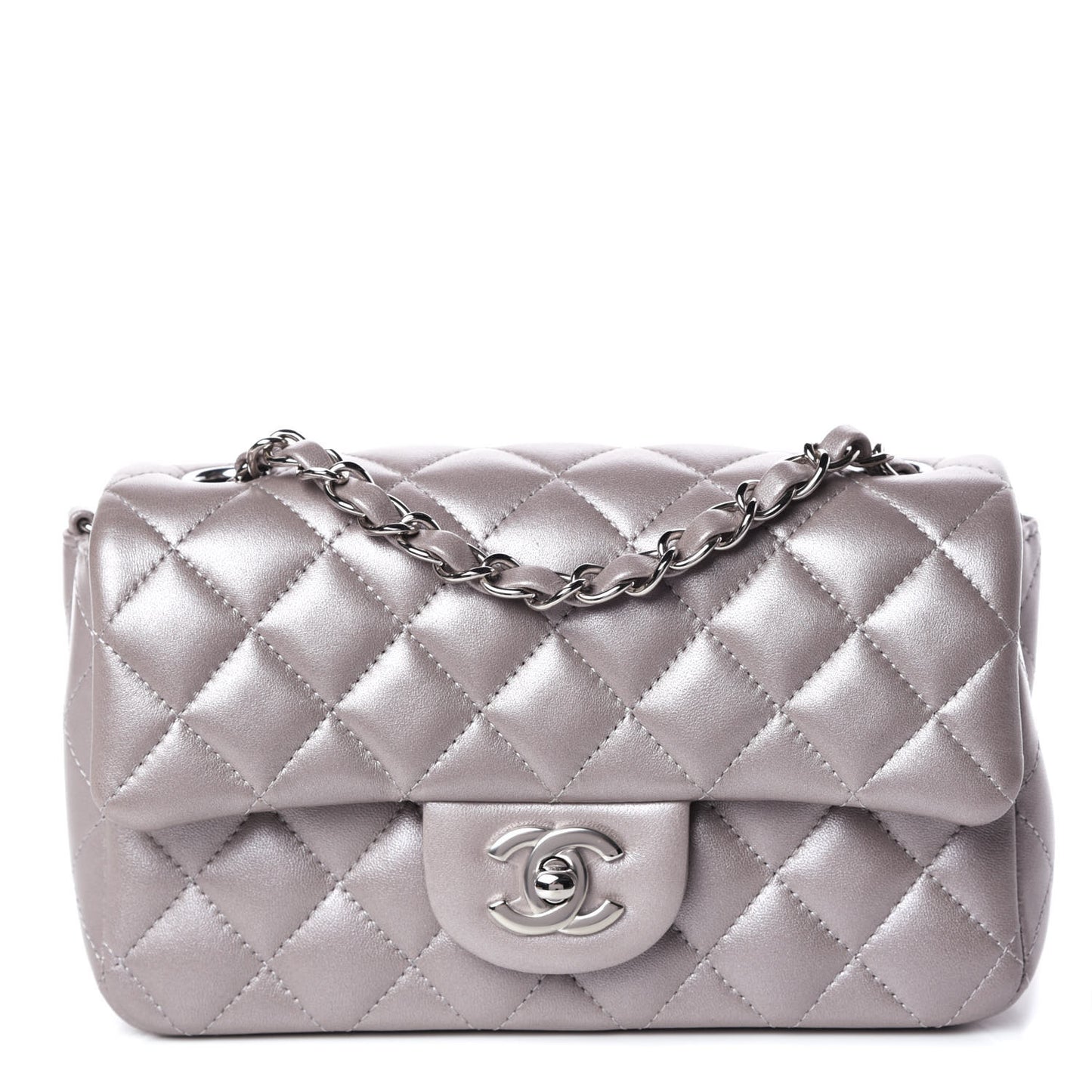 Metallic Lambskin Quilted Mini Rectangular Flap Light Silver