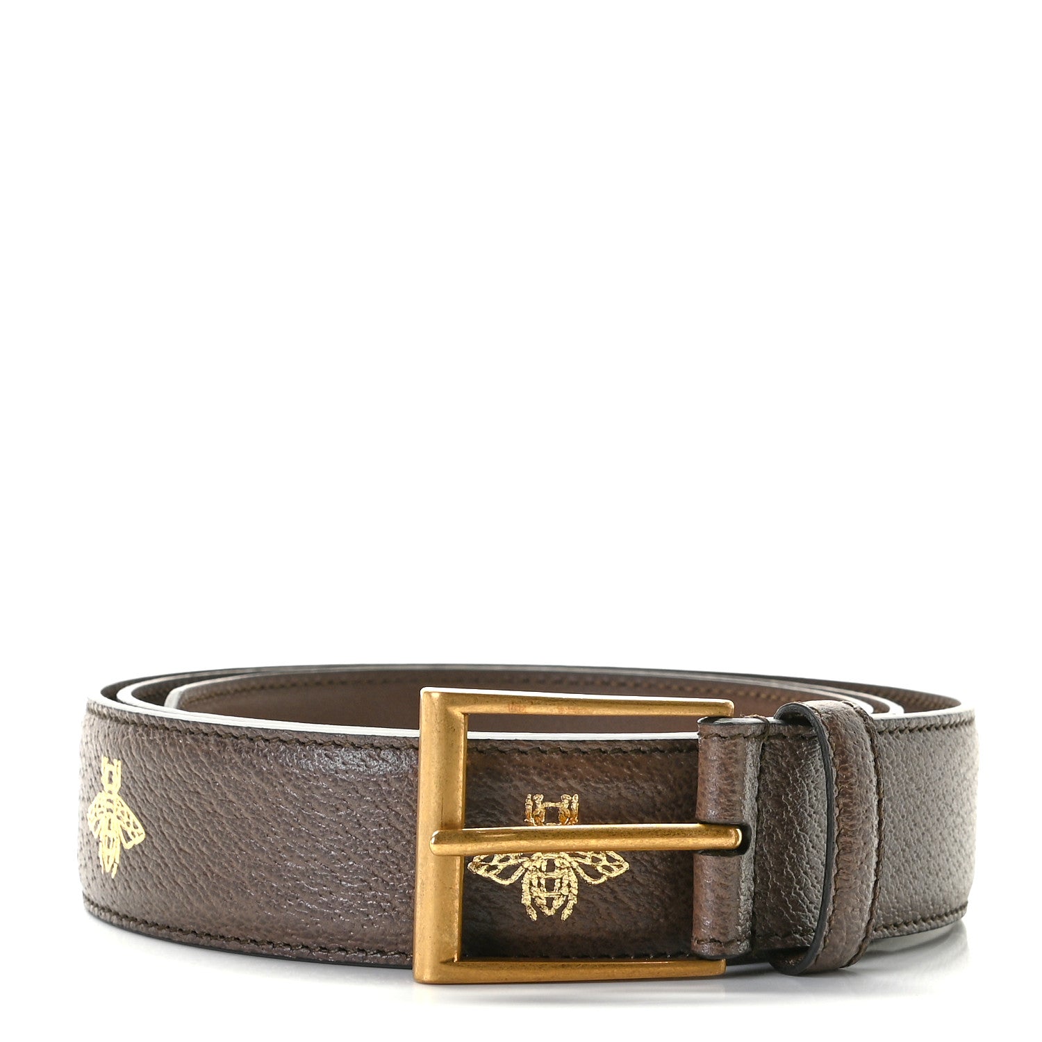Gucci Textured Dollar Calfskin Bees And Stars Print 35mm Belt 105 42 New Acero Gold 1 of 5