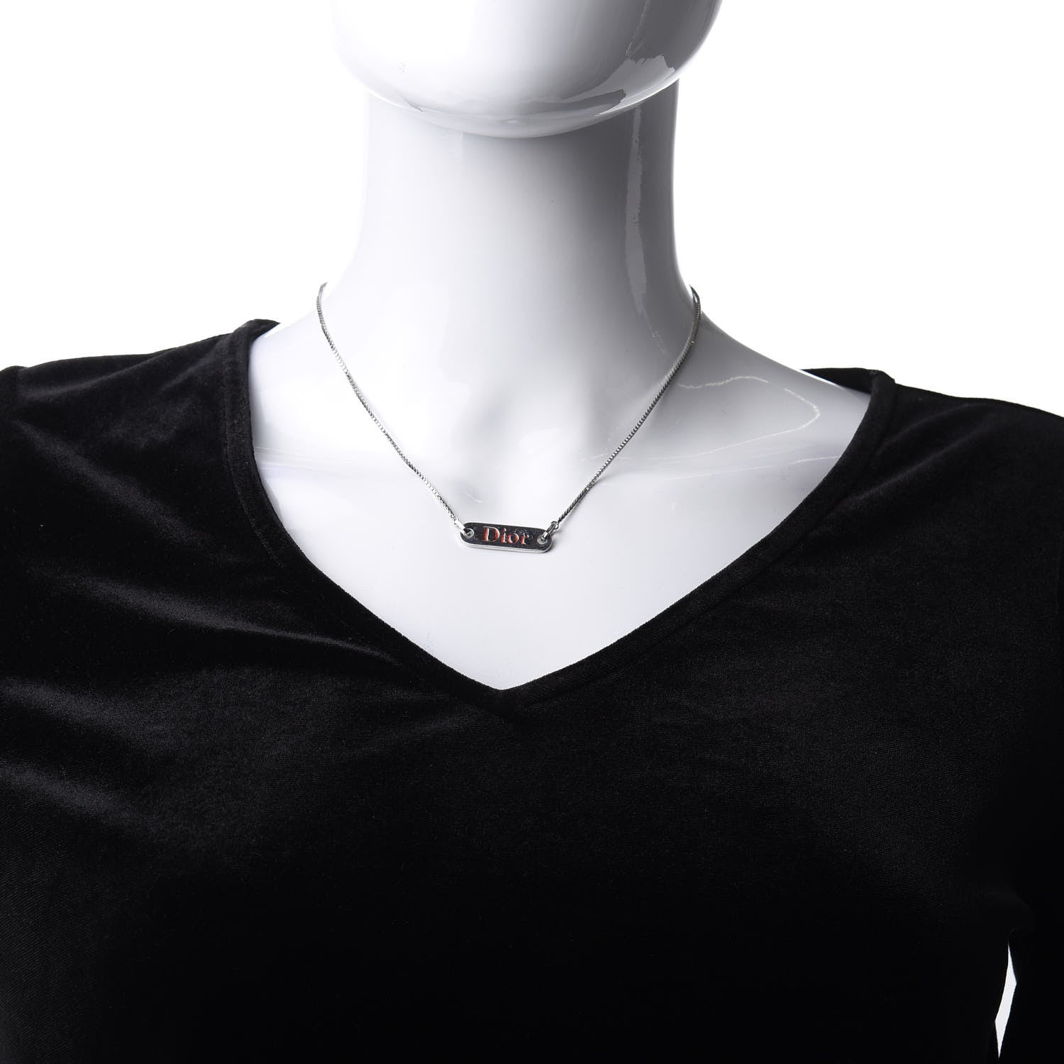 Christian Dior Enamel Logo Tag Short Necklace Silver Red 2 of 4