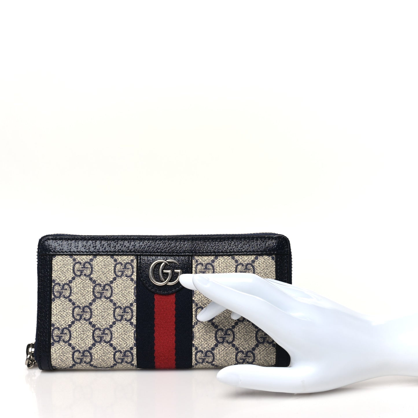 GG Supreme Monogram Textured Dollar Calfskin Web Ophidia Zip Around Wallet Beige Blue