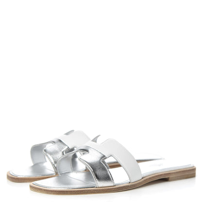 Hermes Metallic Nappa Box Oran Sandals 36.5 White Gris Argente 3 of 9