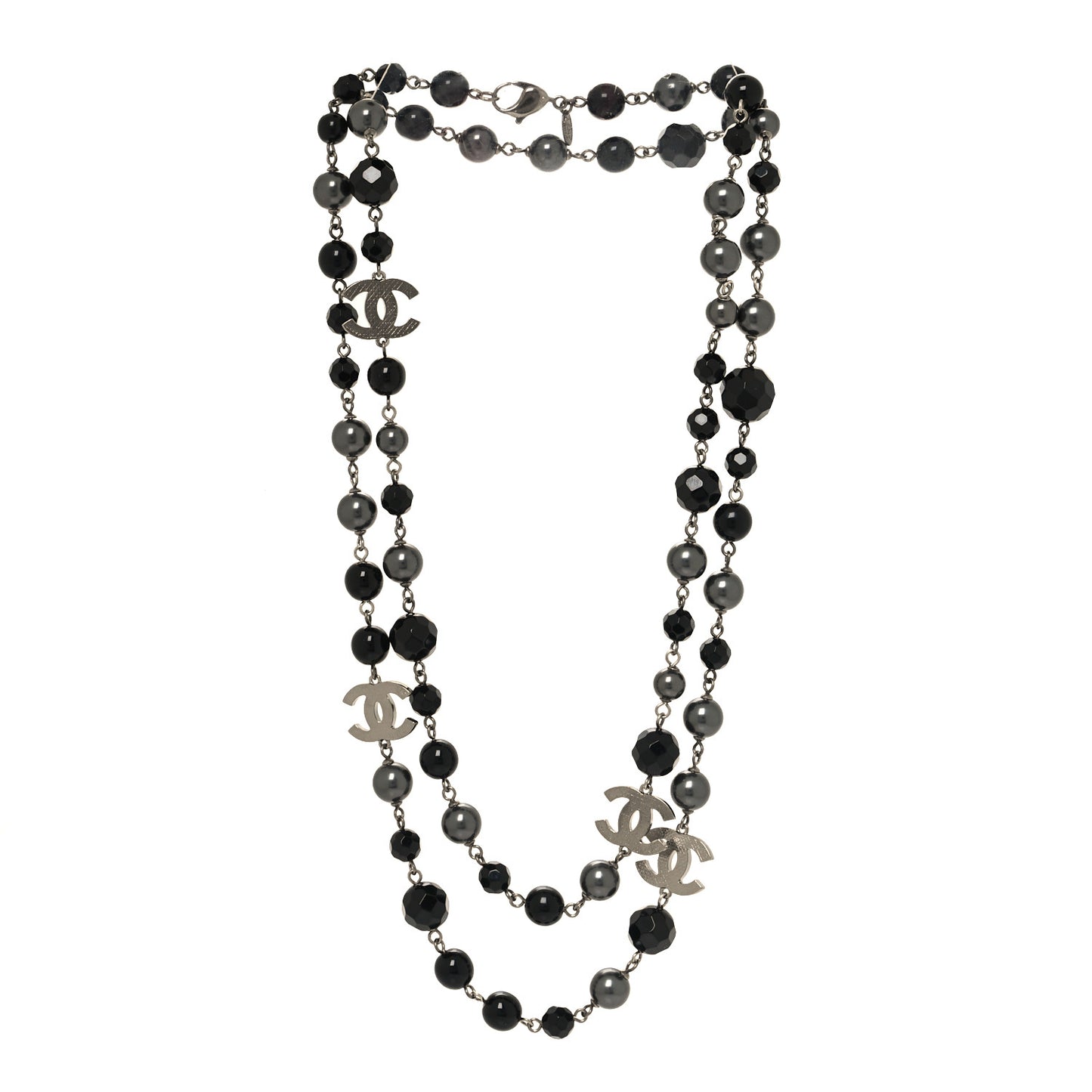 Ruthenium Pearl Beaded CC Long Necklace Black