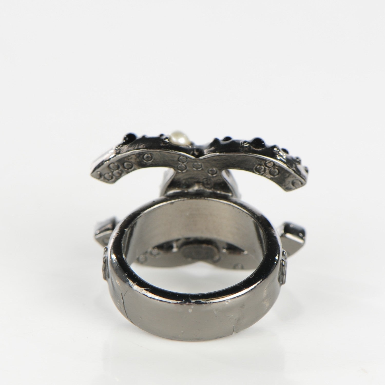 Chanel Ruthenium Pearl Beaded CC Ring 6 Black 3 of 4