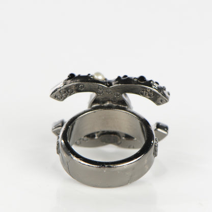 Chanel Ruthenium Pearl Beaded CC Ring 6 Black 3 of 4
